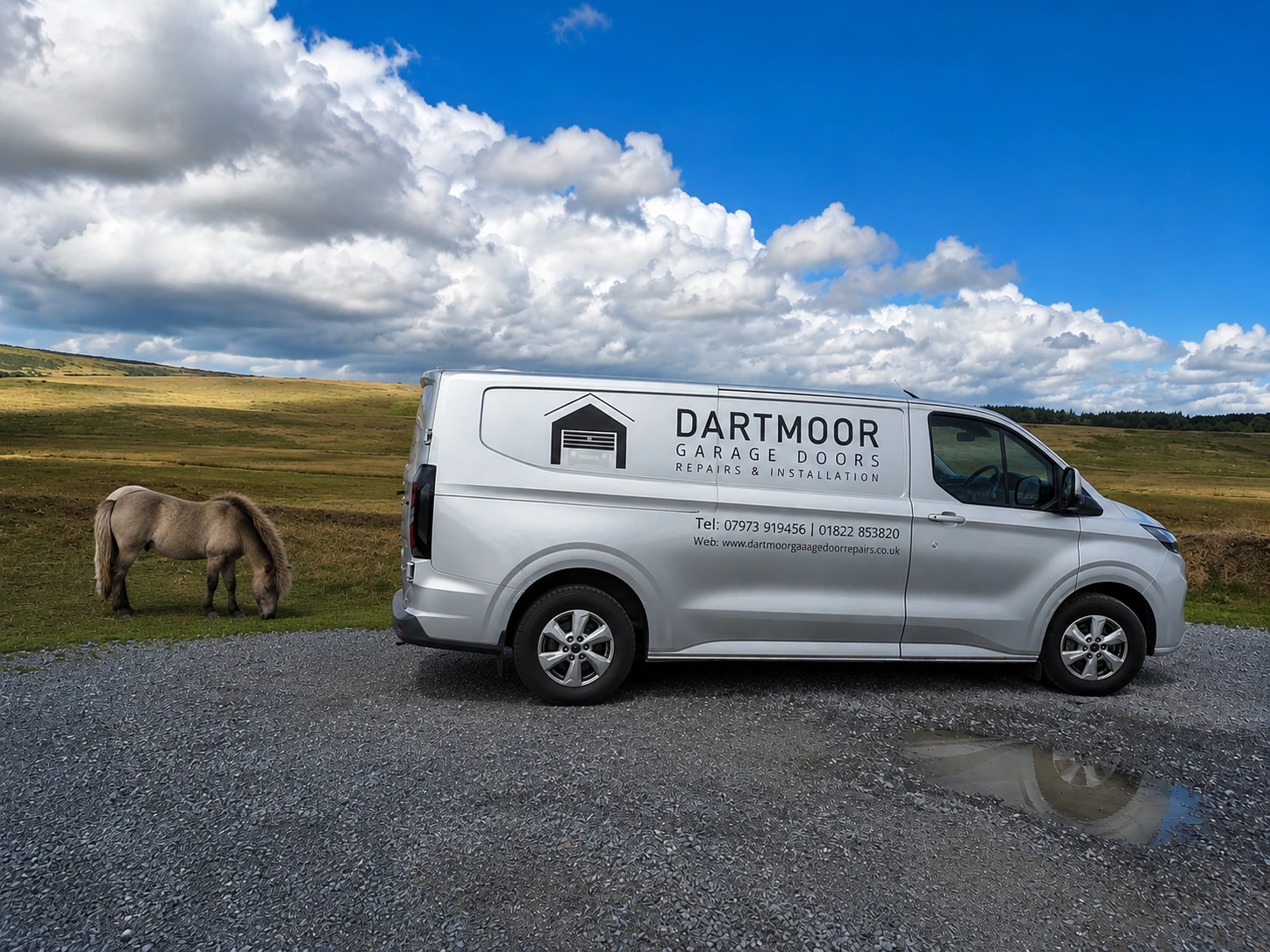 Dartmoor Garage Door Repairs van beside a Dartmoor pony