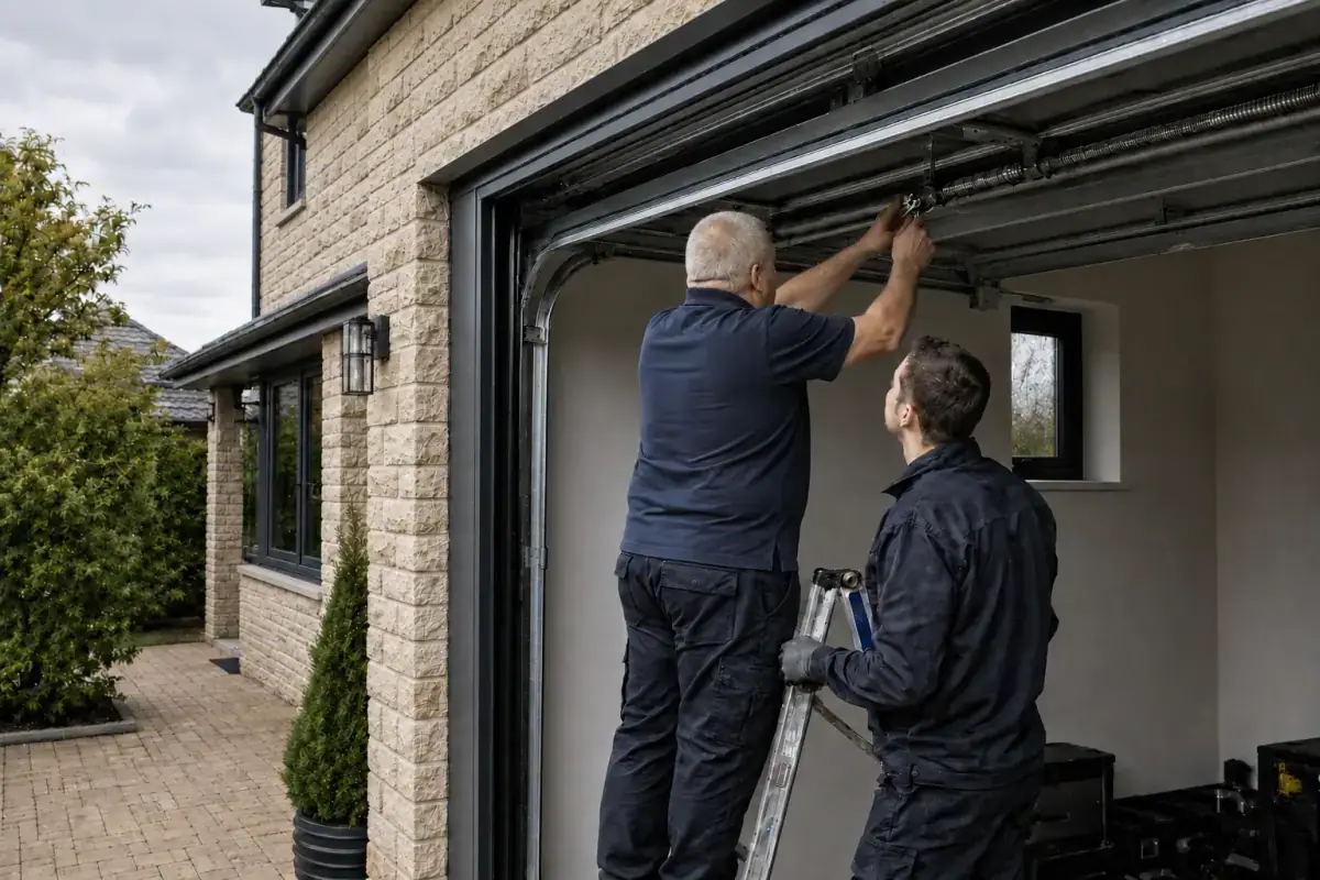 Two technicians repairing a garage door