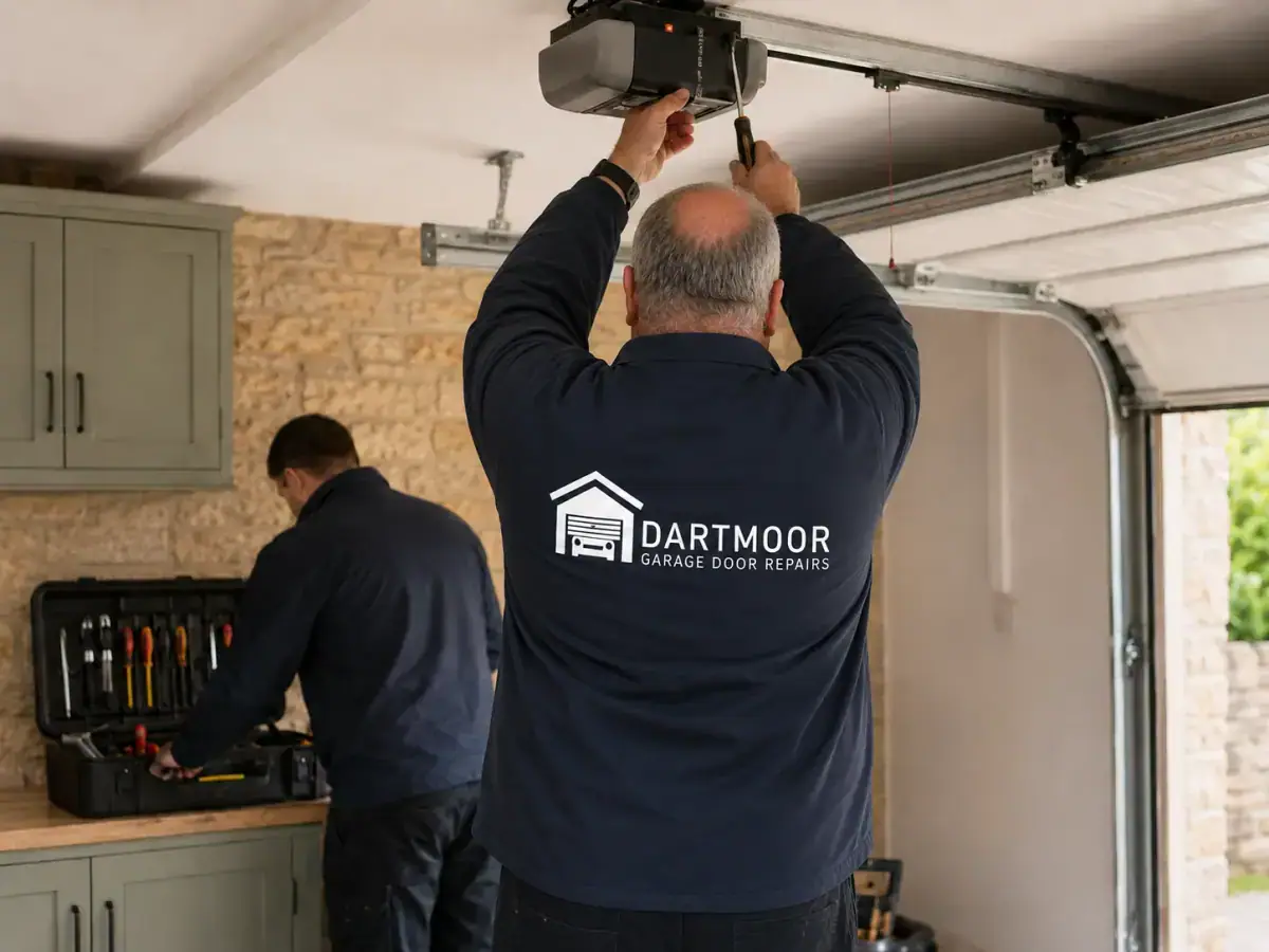 Garage door technicians servicing an electric door